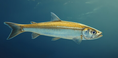 Fototapeta premium Shining Fish in the Deep Blue: A detailed illustration showcasing a sleek, silvery fish gracefully gliding through the ocean, its scales shimmering under the water's light.