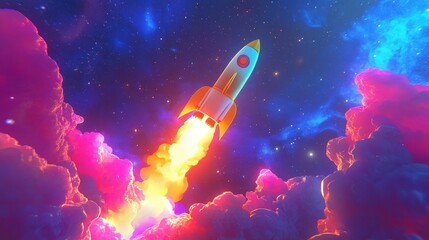 Celestial Ascent: A vibrant rocket soars through a surreal, colorful cosmos of swirling clouds and stars, representing innovation and progress in a visually stunning illustration.