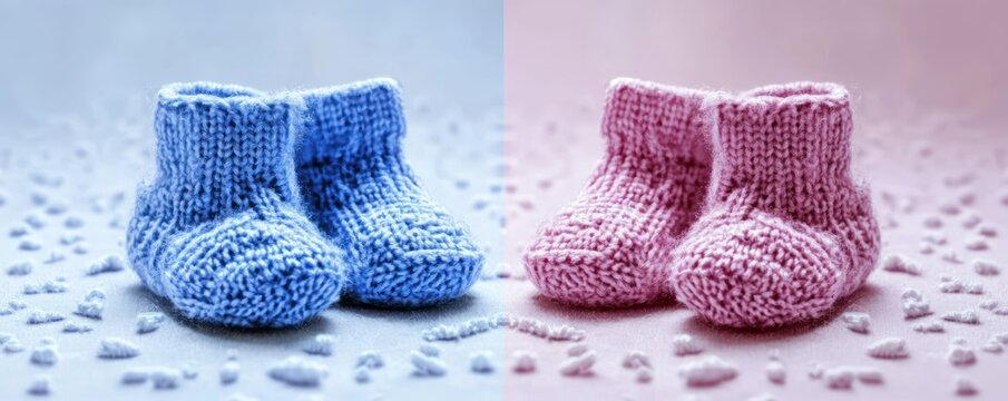 Knitted Baby Booties on Pastel Backgrounds for Gender Reveal and Baby Shower Preparation