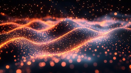 Obraz premium Futuristic Abstract Hexagonal Wave with Dynamic Dots and Glowing Grid in Cyberpunk Aesthetic