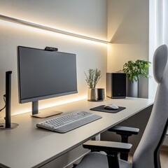 Ergonomic computer desk setup with a clean, clutter-free workspace, soft beige and gray tones, warm ambient lighting.