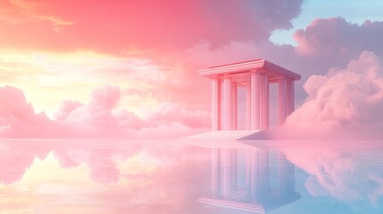 Naklejka premium Ethereal Temple on a Serene Lake at Sunset with Colorful Clouds