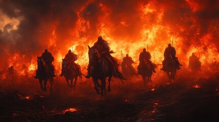 Fototapeta premium Apocalyptic Knights in Battle Amid Fiery Explosions and Dramatic Lighting