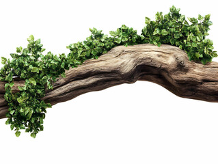 Curved Wooden Log with Lush Green Foliage, Isolated on White Background; Nature Design Element