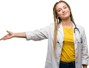 Young Female Doctor with Braids Extending Hand Welcoming Gesture Medical Professional