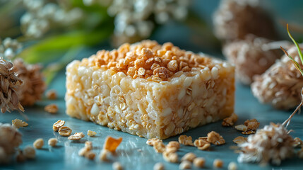 Close-Up of Golden Granola Square Dessert with Oats and Cereals on Rustic Blue Surface Near White Flowers