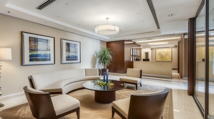 Minimalistic office lobby with modern furniture, soft lighting, calm atmosphere, white walls, professional studio light.
