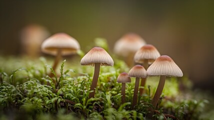 Close-up of a small mushroom growing on blue moss. The details of the mushroom and moss are clearly expressed in soft natural light.
