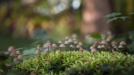 Close-up of a small mushroom growing on blue moss. The details of the mushroom and moss are clearly expressed in soft natural light.