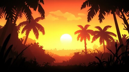 Sunset Silhouette: Palm trees and tropical plants frame the horizon, creating a serene silhouette as the sun dips below a picturesque sky, symbolizing peace, serenity, and the allure of exploration