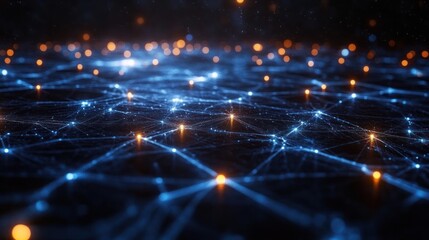 Obraz premium Futuristic Digital Network with Glowing Nodes and Lines in Deep Space Blue Background