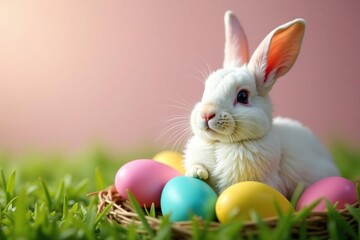 Obraz premium Smiling bunny surrounded by vibrant Easter eggs in a grass nest , nature, chocolate, wildlife