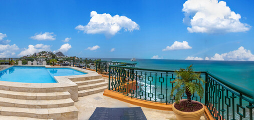 Aerial view of Mazatlan sea promenade, El Malecon, with ocean tourist beaches and scenic landscapes.