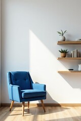 White wall backdrop, blue armchair, floating wooden shelf, minimalist interior, calm, simple