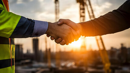Construction Workers Shake Hands at Sunset, Celebrating Project Completion and Teamwork Success.