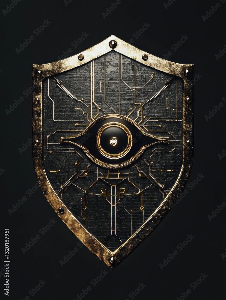 Aufkleber Shield design featuring cybernetic patterns and a robotic eye symbolizing the role of AI in enhancing cybersecurity practices