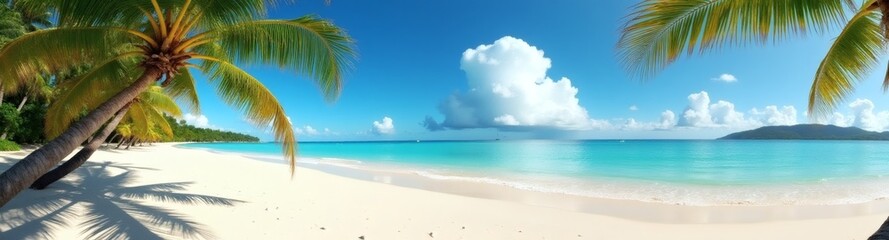 Fototapeta premium 360 degree image, Relaxing in tropical sandy beach, coconut tree in summer