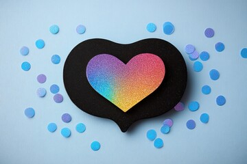 Pride Month Banner for LGBTQ Rights with Rainbow Heart in Black Speech Bubble and Glitter Background