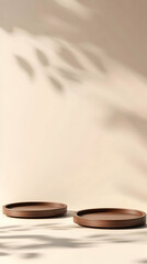 Two Round Wooden Trays on Beige Background with Leaf Shadows: 3D Rendered Minimalist Product Display Scene