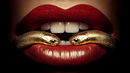Fototapeta premium Close-up of Red Lips with Golden Snakes, Sensual and Symbolic Still Life Photography