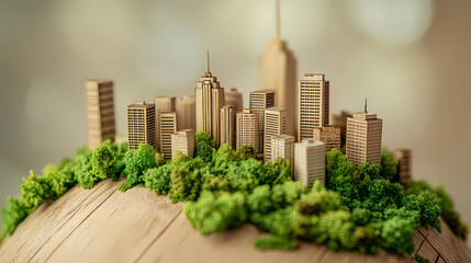 Fototapeta premium Eco-Friendly Cityscape: A miniature city, crafted from sustainable materials, flourishes on a miniature globe, its skyscrapers nestled amongst lush greenery.