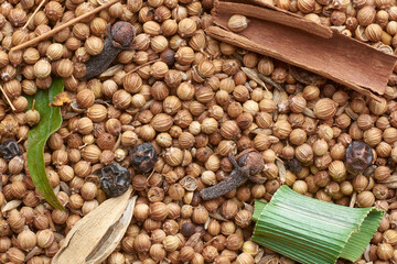 Naklejka premium close-up macro view of roasted coriander seeds with other aromatic spices, cinnamon, cloves, pandan leaves and black pepper for grinding, used in culinary applications