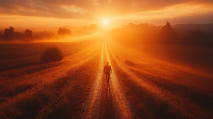 Silhouette walks path through golden fields toward the horizon