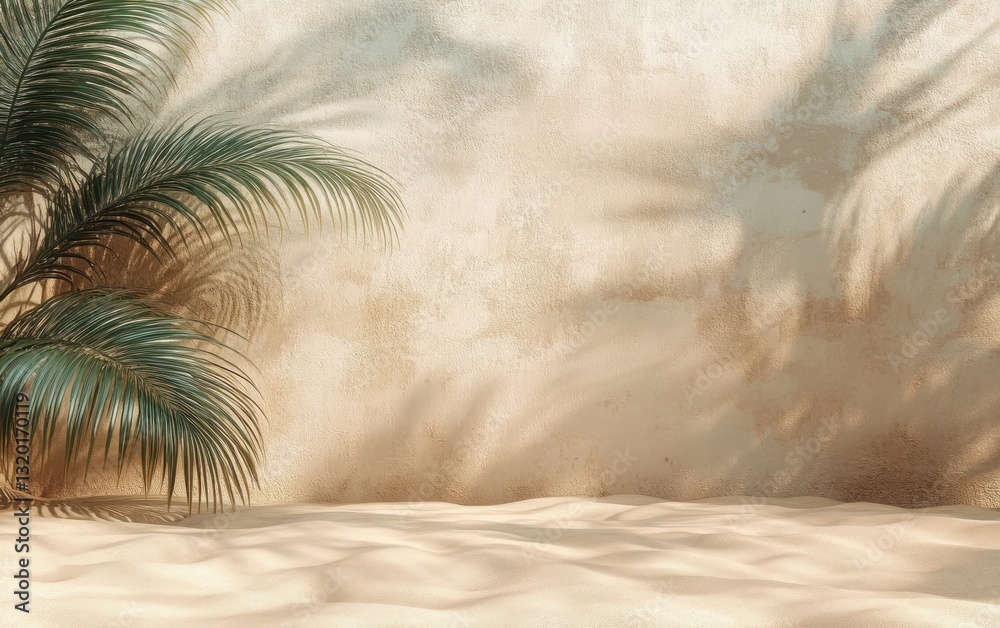 Fototapete minimalist beach sand with palm shadows on beige wall abstract background for product display mockup