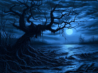 Naklejka premium Digital Painting of a Twisted, Barren Tree by a Moonlit Water, Dark Fantasy Art