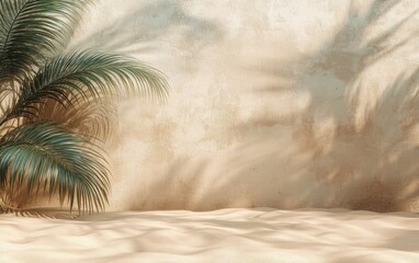 Minimalist beach sand with palm shadows on beige wall abstract background for product display mockup