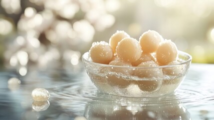 Fresh, round, light-colored food items in a glass bowl, sitting on a surface with water ripples