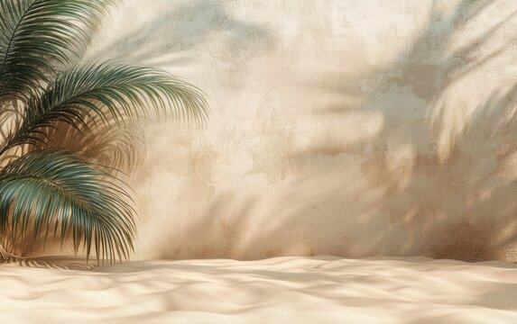 Minimalist beach sand with palm shadows on beige wall abstract background for product display mockup