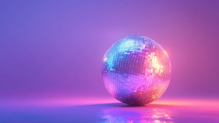 Disco ball reflecting colorful light on purple background.