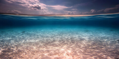 Obraz premium Stunning Underwater Scene: Sunlit Ocean Floor Meets Dramatic Sky Above, Creating a Captivating Image