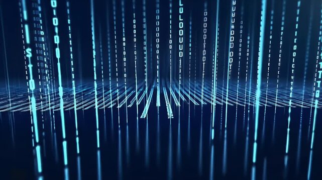 Abstract digital data stream in shades of blue featuring numerous vertically oriented light lines and binary code patterns creating a futuristic and technological background suitable for digital
