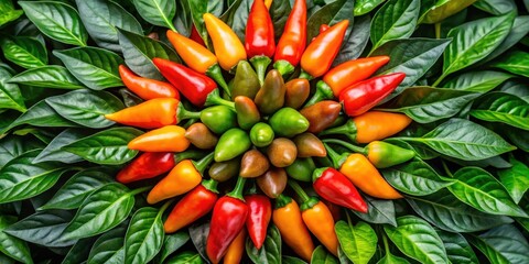 Vibrant assortment of colorful chili peppers arranged in a captivating floral pattern, nestled amongst lush green foliage, creating a striking visual display of nature's artistry.