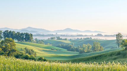 Naklejka premium A serene landscape featuring rolling green hills, misty mountains, and lush trees under a clear sky, evoking tranquility and natural beauty.