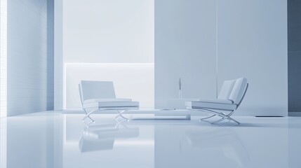 Fototapeta premium Minimalistic office lobby with modern furniture, soft lighting, calm atmosphere, white walls, professional studio light. 