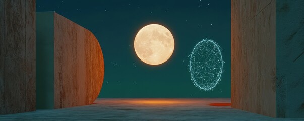 Surreal Landscape with Full Moon and Geometric Floating Shape