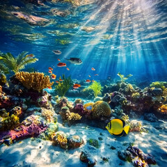 Naklejka premium Vibrant Underwater Scene: Sunbeams Illuminate Colorful Coral Reef and Diverse Fish Species in a Serene Aquatic Habitat