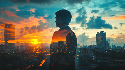 Fototapeta premium corporate leader standing tall against vibrant sunset cityscape, showcasing ambition and determination
