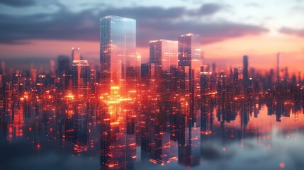 Fototapeta premium Beautiful futuristic cityscape with illuminated buildings at dusk or dawn