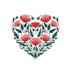 Kompozycja w kształcie serca z maków. Ręcznie rysowane czerwone kwiaty z zielonymi liśćmi – botaniczna ilustracja wektorowa.