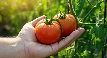 Hand holding ripe tomatoes in garden, sunlight glowing