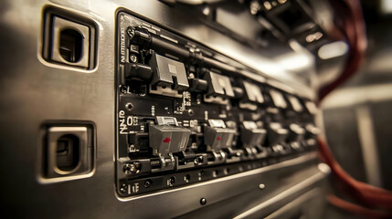 Close-up of Industrial Circuit Breaker Panel with Switches and Connectors