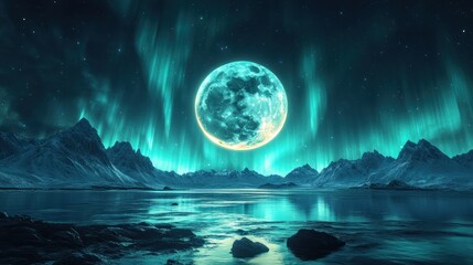 A beautiful moon illuminated by aurora over a mountain range