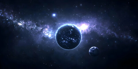 Cosmic Landscape: Two Planets Orbiting in a Nebula, Illuminated by Glowing Stars and Galactic Dust, Digital Space Art