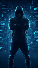 Mysterious Hooded Figure Stands Against a Digital Data Stream Background, Cyberpunk Style Illustration