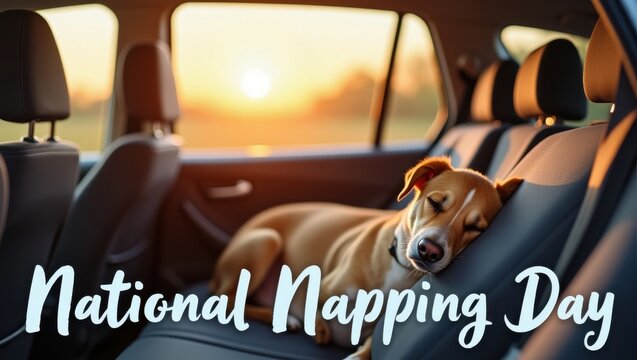 Dog enjoying national napping day in car relaxation break sunset view restful environment