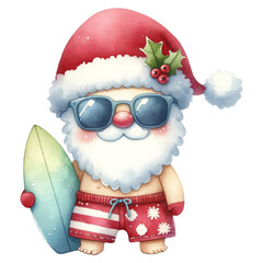 Summer Santa Claus concept. A festive Santa Claus in sunglasses, wearing beach shorts and holding a surfboard, embodies a fun, tropical holiday spirit.